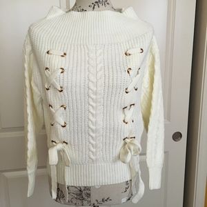 White Cable Knit Lace Up Sweater